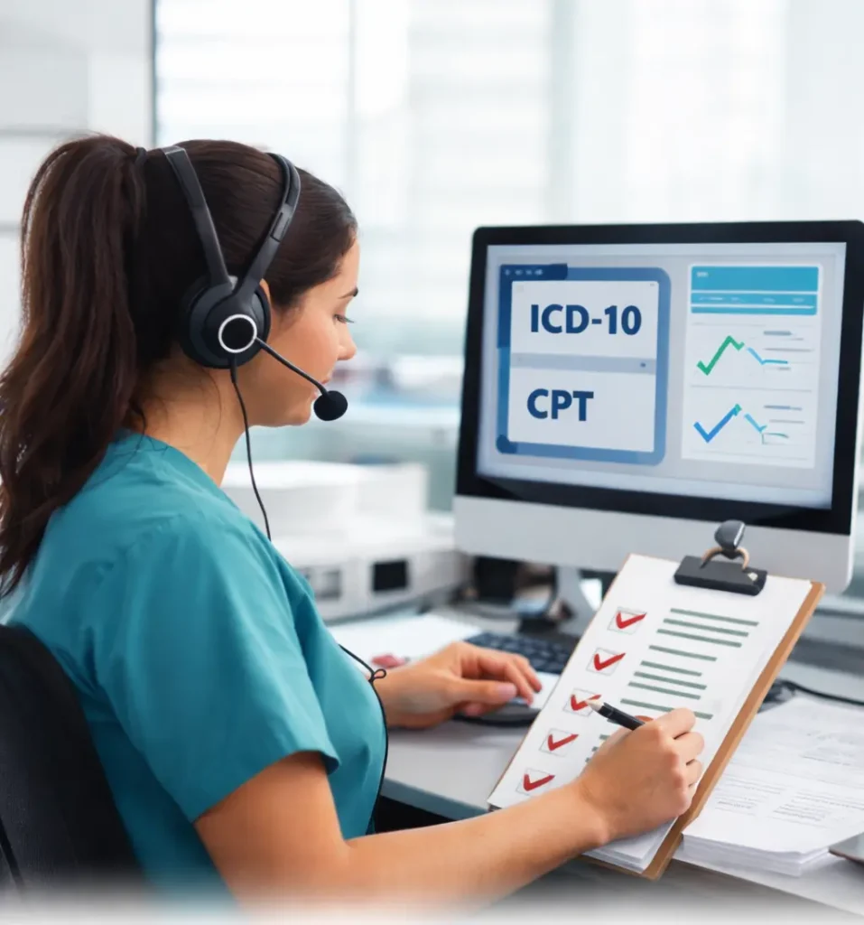 Medical coder reviewing clinical documentation and assigning accurate ICD-10 and CPT codes at a workstation