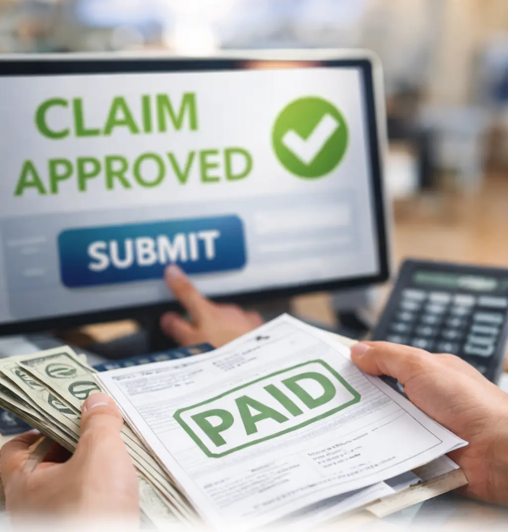 Medical billing professional processing approved insurance claims and posting payments in billing system
